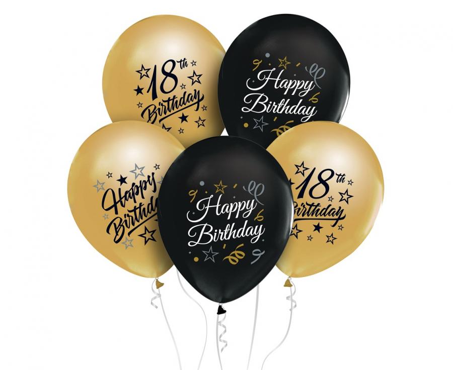Beauty&Charm Luftballons 12“ mit Aufdruck ‚18, gold und schwarz, 5 Stück