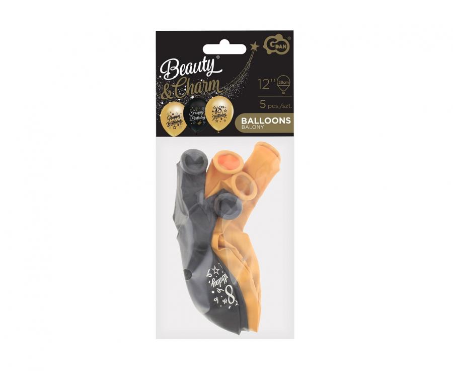 Beauty&Charm Luftballons 12“ mit Aufdruck ‚18, gold und schwarz, 5 Stück