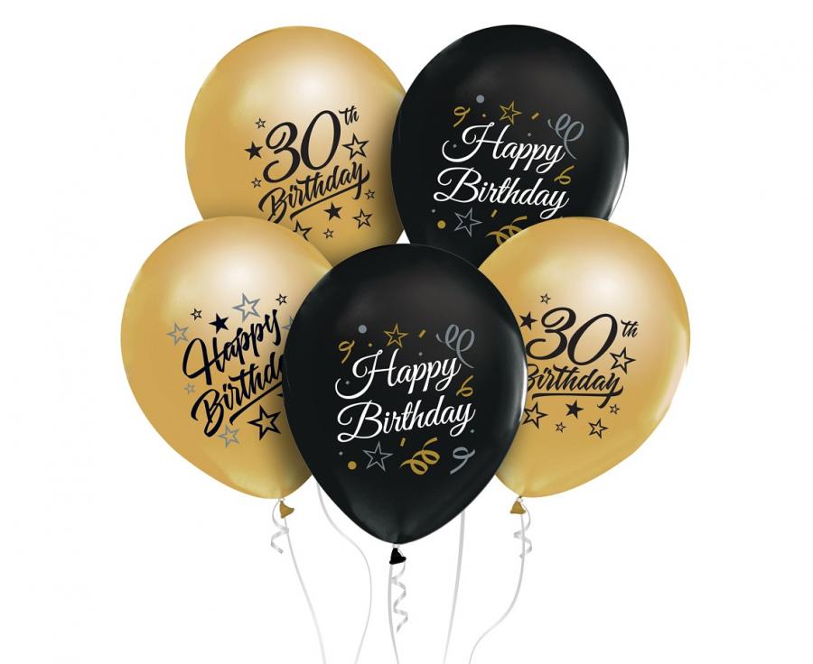 Beauty&Charm Luftballons 12“ mit Aufdruck ‚30, gold und schwarz, 5 Stück