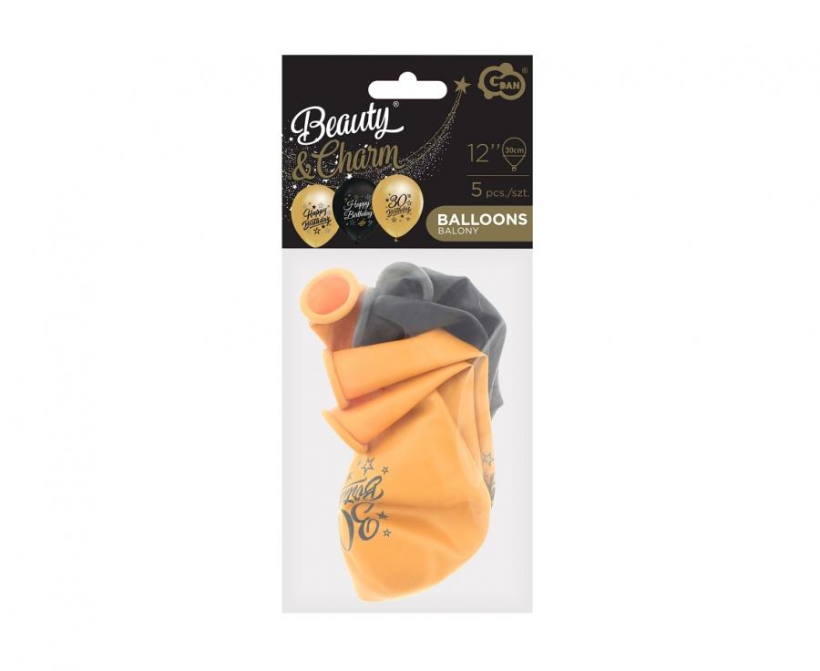 Beauty&Charm Luftballons 12“ mit Aufdruck ‚30, gold und schwarz, 5 Stück
