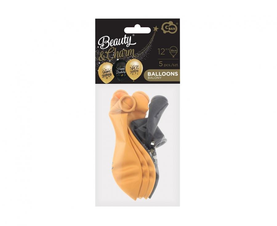 Beauty&Charm Luftballons 12“ mit Aufdruck ‚40, gold und schwarz, 5 Stk.
