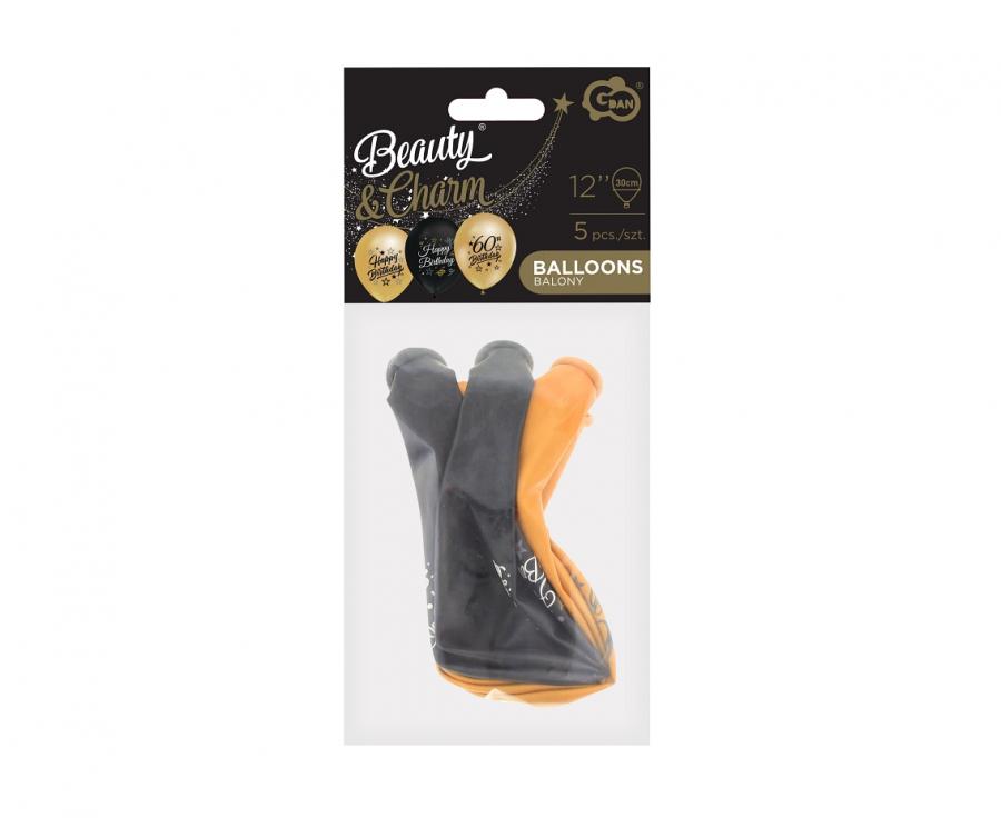 Beauty&Charm Luftballons 12“ mit Aufdruck ‚60, gold und schwarz, 5 Stk.