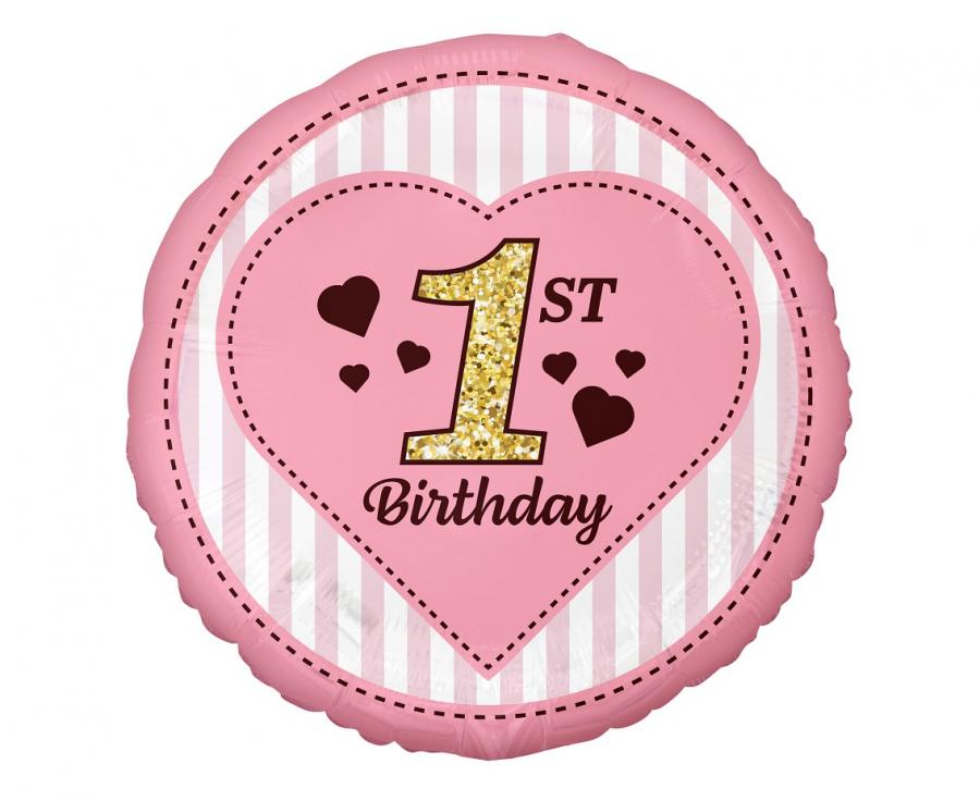 Folienballon rund - 1st Birthday - pink, 36cm (1 Stk.)