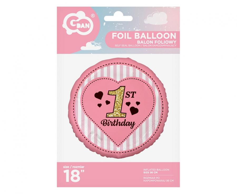 Folienballon rund - 1st Birthday - pink, 36cm (1 Stk.)
