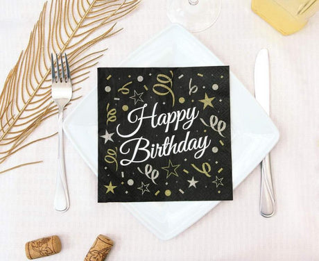 Servietten Happy Birthday 33cm x 33cm, schwarz (20 Stk.)