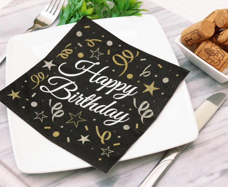 Servietten Happy Birthday 33cm x 33cm, schwarz (20 Stk.)