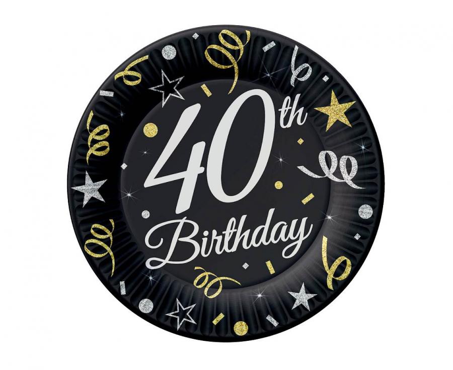 Teller 40th Birthday 18cm, schwarz/weiss/gold (6 Stk.)