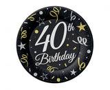 Teller 40th Birthday 18cm, schwarz/weiss/gold (6 Stk.)