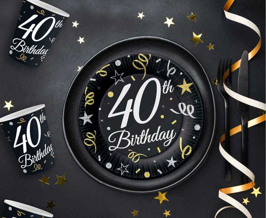 Teller 40th Birthday 18cm, schwarz/weiss/gold (6 Stk.)