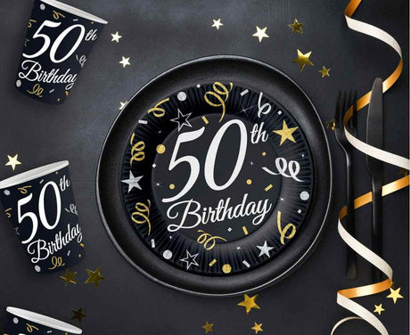 Teller 50th Birthday 18cm, schwarz/weiss/gold (6 Stk.)