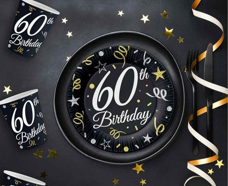Teller 60th Birthday 18cm, schwarz/weiss/gold (6 Stk.)
