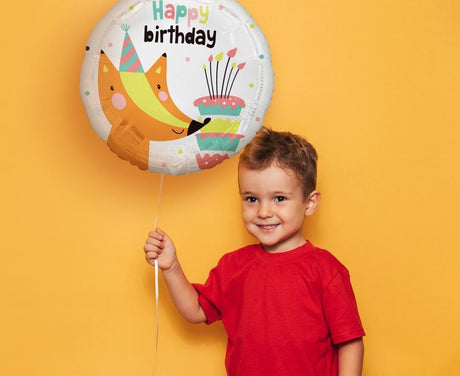 Folienballon Fuchs mit Geburtstagstorte (Happy Birthday), 36cm