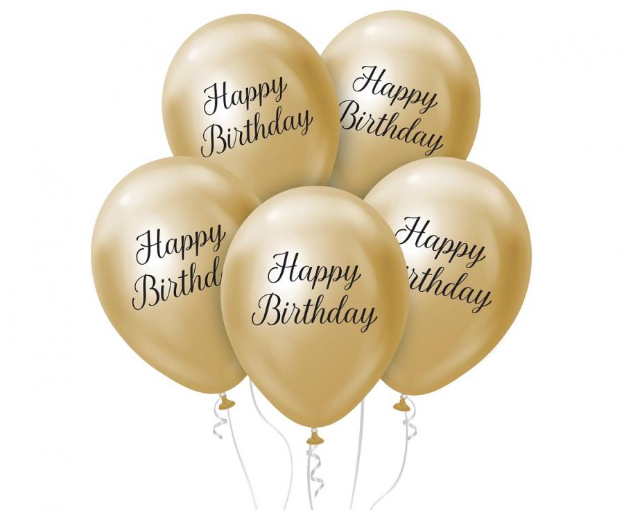 Beauty&Charm Luftballons, Happy Birthday, platin l. gold, 12"/ 5 Stück