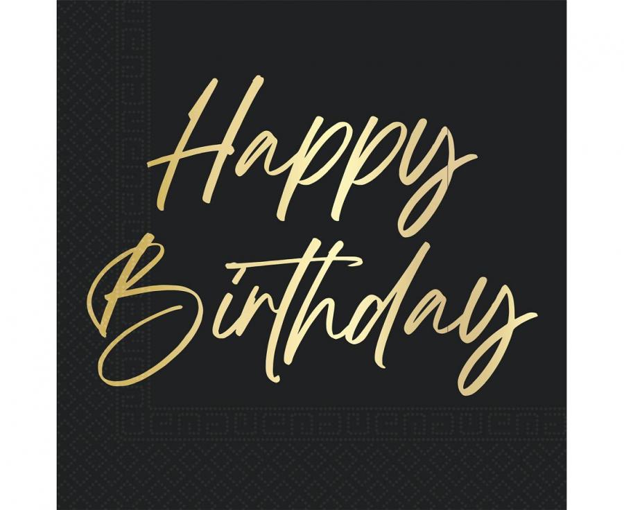 Servietten Happy Birthday 33cm x 33cm, schwarz & gold (20 Stk.)