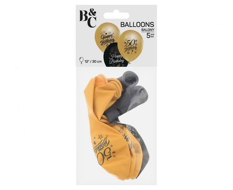 Beauty&Charm Luftballons 12“ mit Aufdruck ‚50, gold und schwarz, 5 Stück