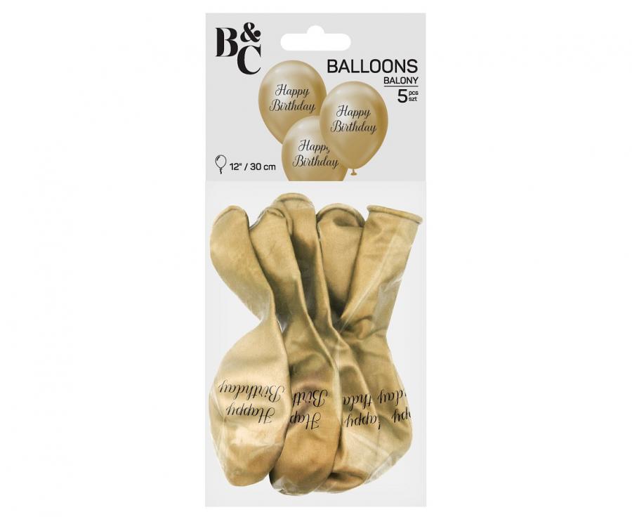 Beauty&Charm Luftballons, Happy Birthday, platin l. gold, 12"/ 5 Stück
