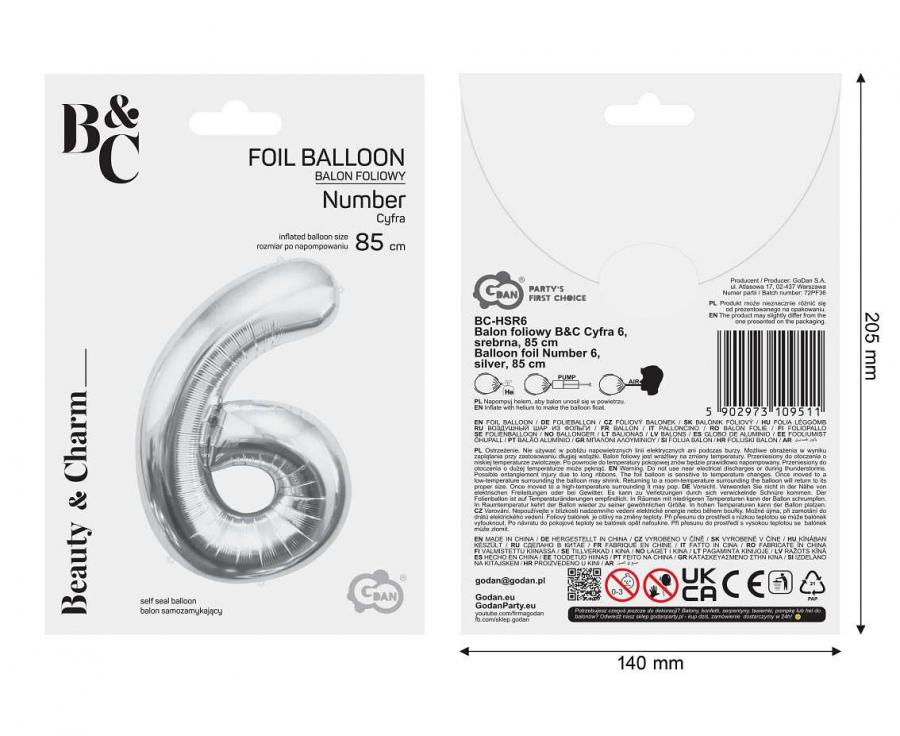 Folienballon Zahl - 6 - 85cm, silber