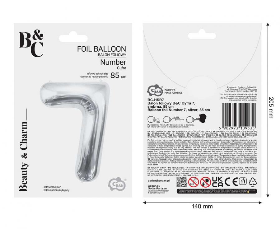 Folienballon Zahl - 7 - 85cm, silber