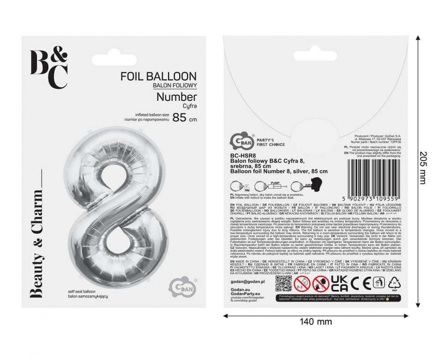 Folienballon Zahl - 8 - 85cm, silber