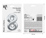 Folienballon Zahl - 8 - 85cm, silber