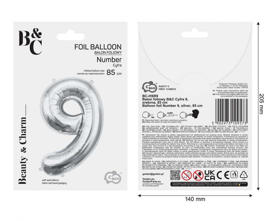 Folienballon Zahl - 9 - 85cm, silber