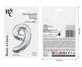 Folienballon Zahl - 9 - 85cm, silber