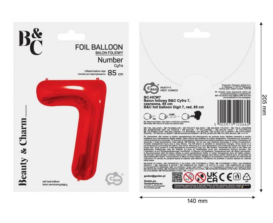 Folienballon Zahl - 7 - 85cm, rot