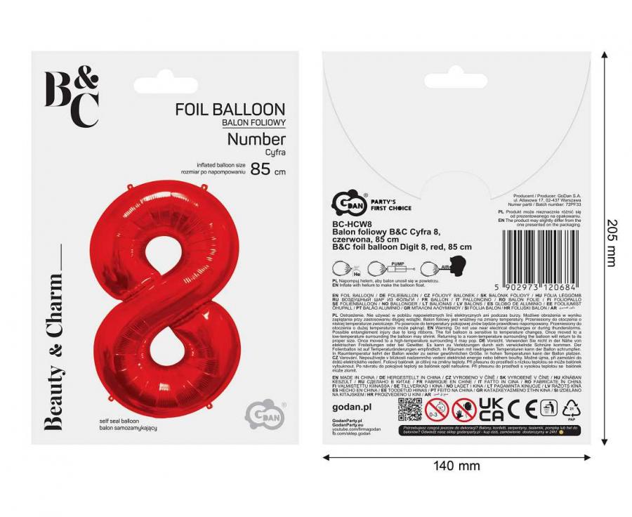 Folienballon Zahl - 8 - 85cm, rot
