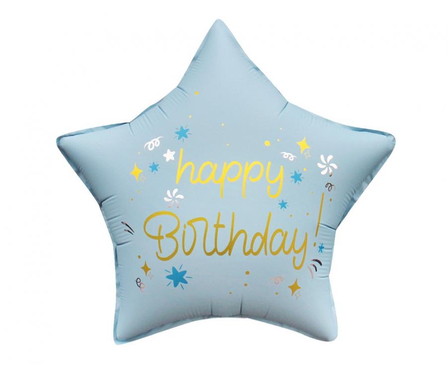 Ballone Happy Birthday Stern 44cm, blau mit gold(1 Stk.)