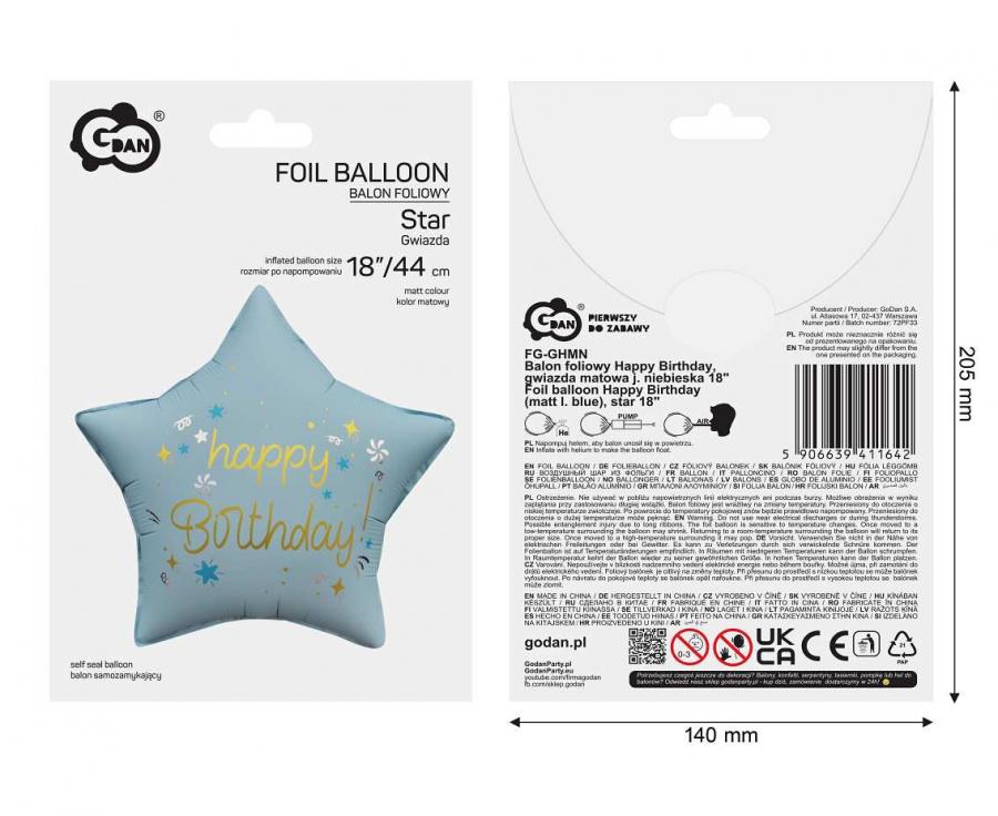 Ballone Happy Birthday Stern 44cm, blau mit gold(1 Stk.)
