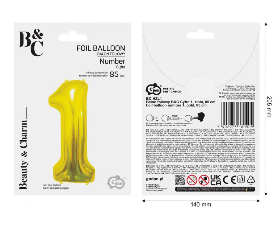 Folienballon Zahl - 1 - 85cm, gold