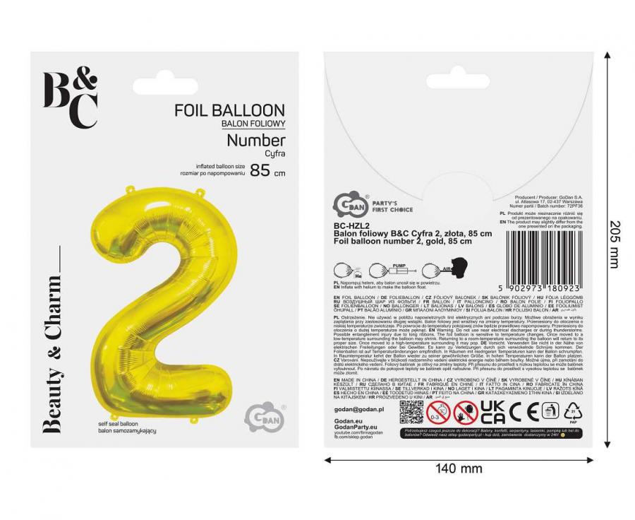 Folienballon Zahl - 2 - 85cm, gold