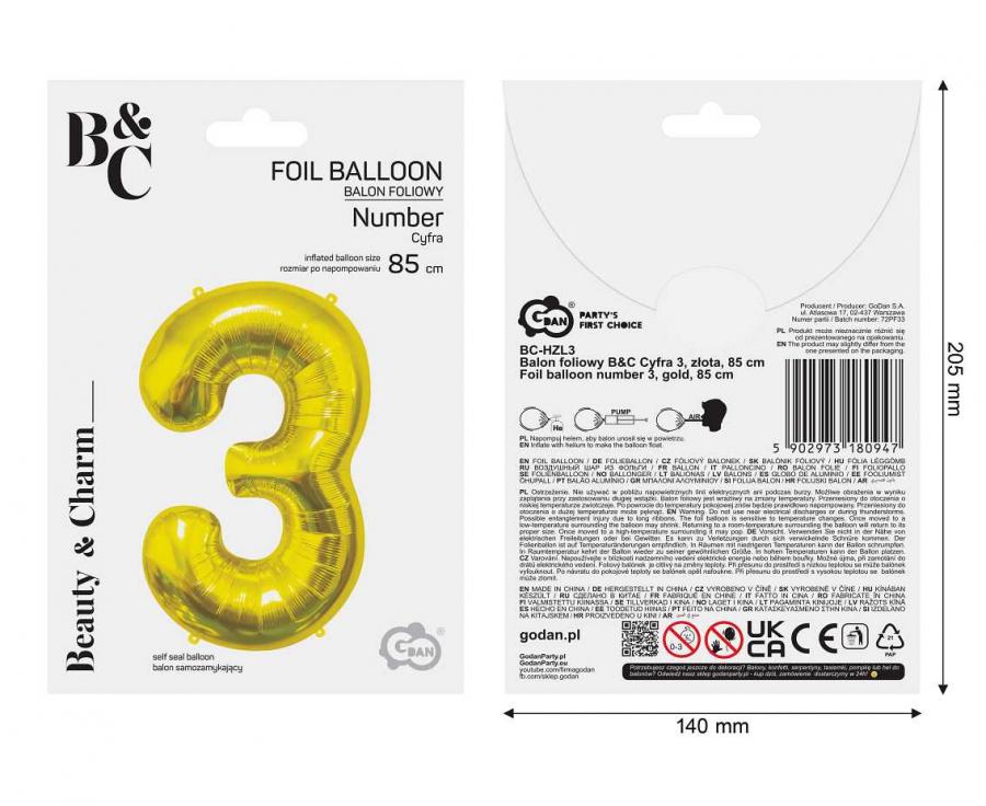 Folienballon Zahl - 3 - 85cm, gold