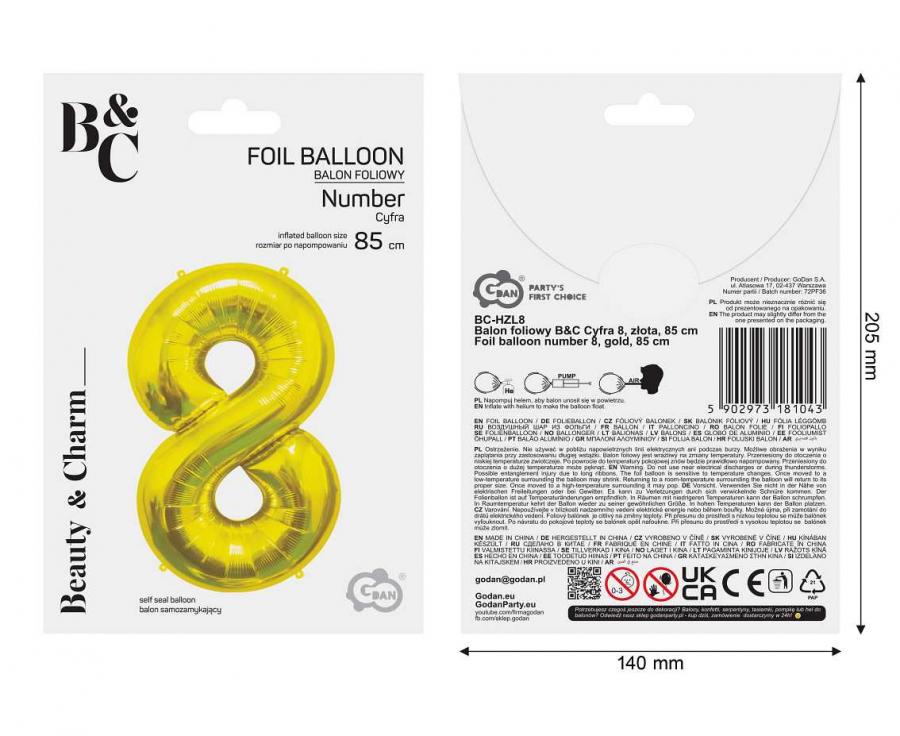 Folienballon Zahl - 8 - 85cm, gold
