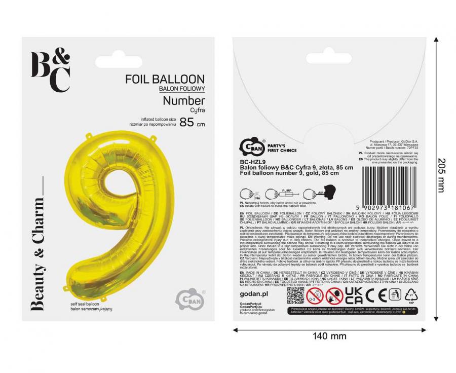 Folienballon Zahl - 9 - 85cm, gold