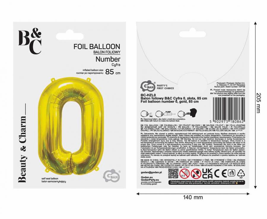 Folienballon Zahl - 0 - 85cm, gold