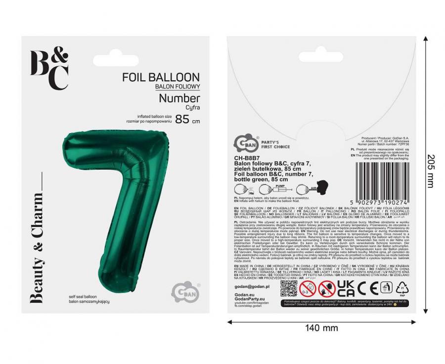 Folienballon Zahl - 7 - 85cm, grün