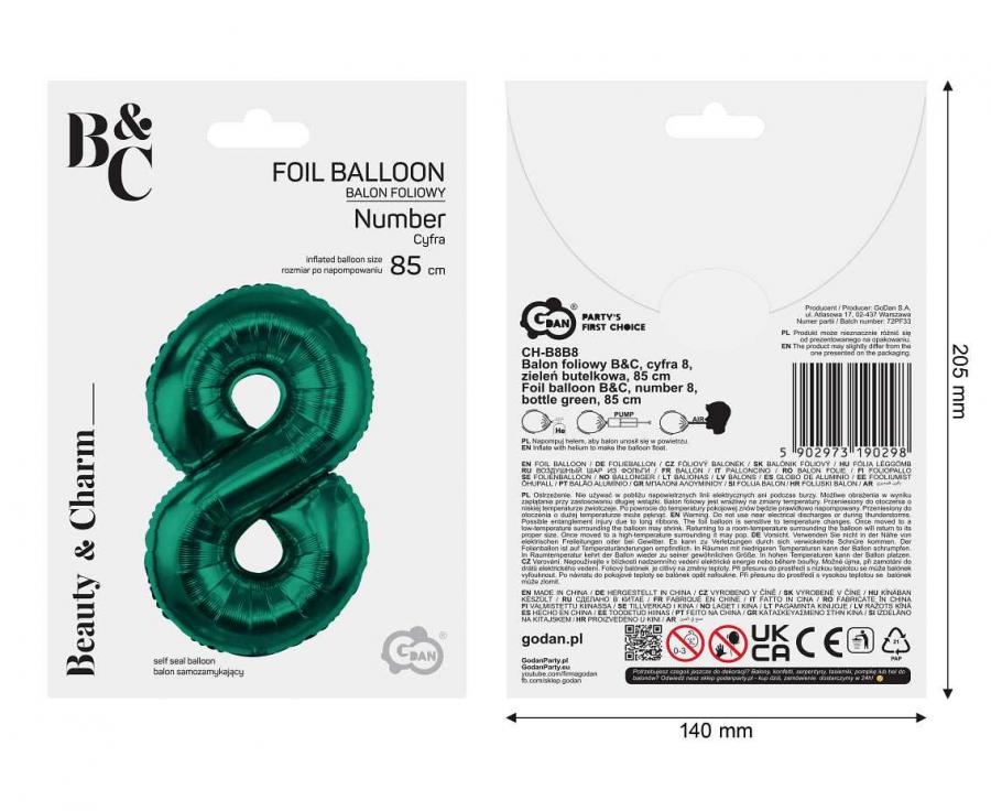 Folienballon Zahl - 8 - 85cm, grün