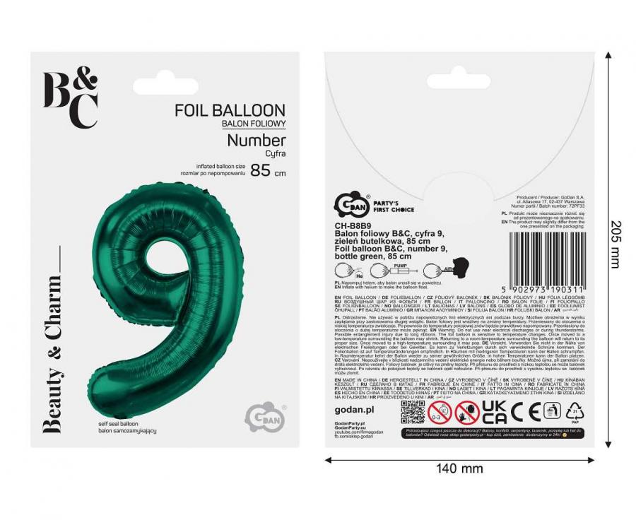 Folienballon Zahl - 9 - 85cm, grün