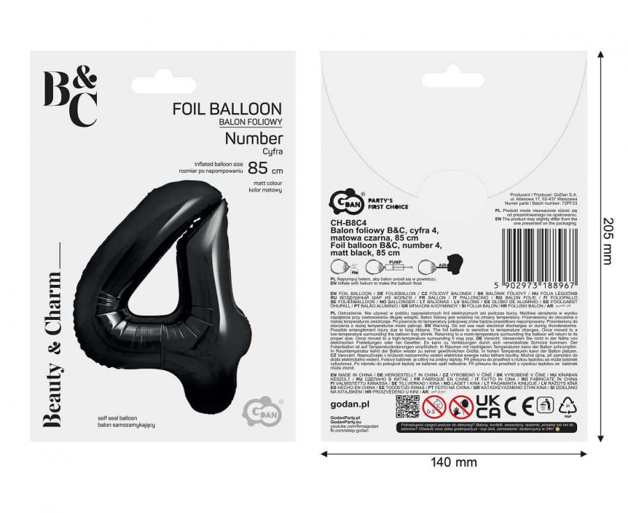 Folienballon Zahl - 4 - 85cm, schwarz