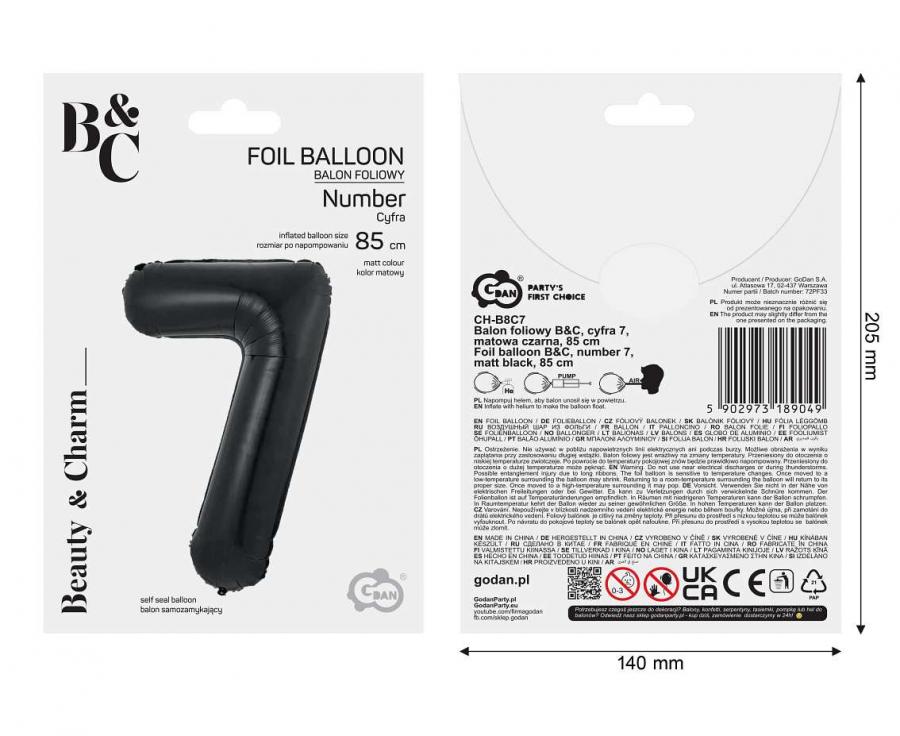 Folienballon Zahl - 7 - 85cm, schwarz