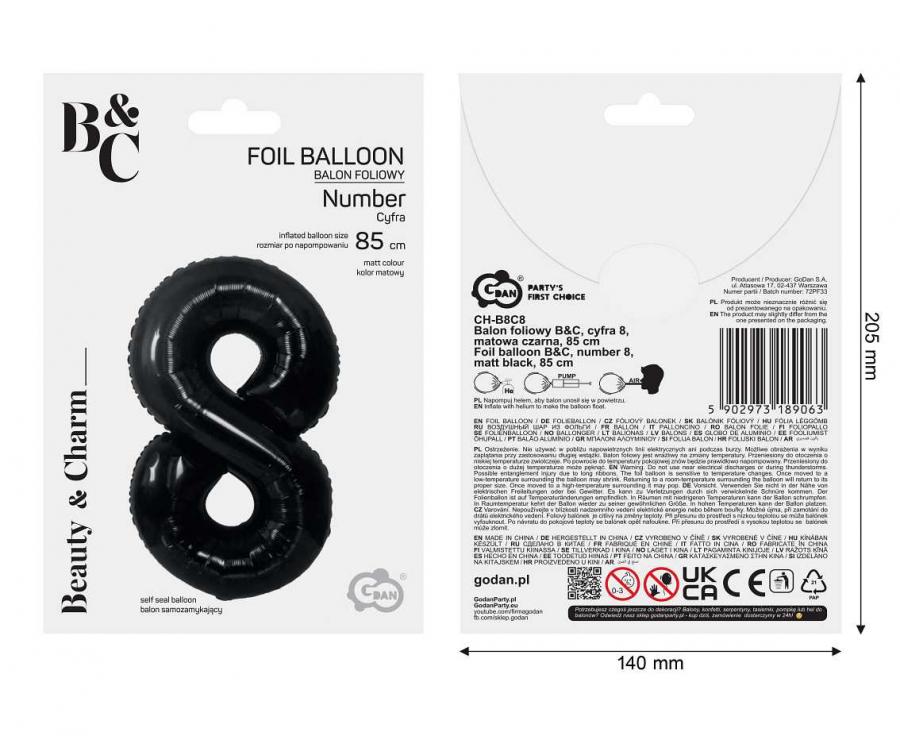 Folienballon Zahl - 8 - 85cm, schwarz