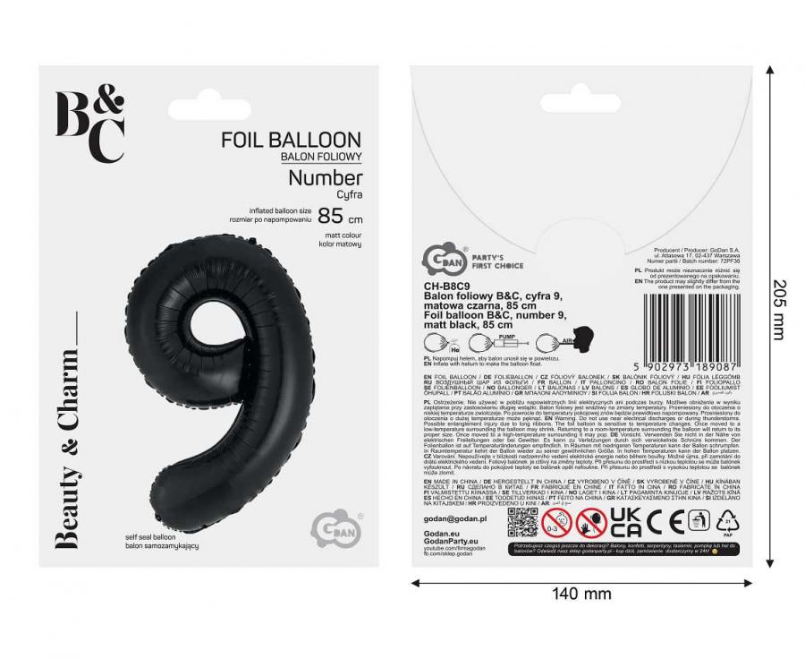 Folienballon Zahl - 9 - 85cm, schwarz