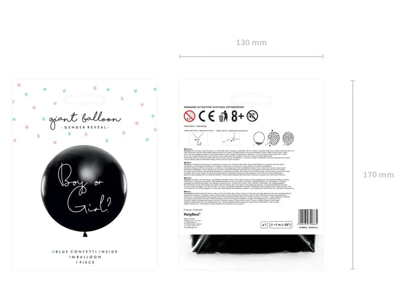Ballone Gender Reveal 1m, Pastel schwarz mit blauem Konfetti (1 Stk.)