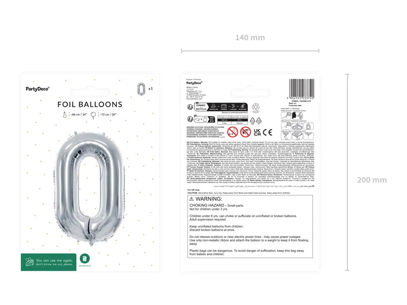 Ballone Zahl "0" 72cm, Metallic silber (1 Stk.)