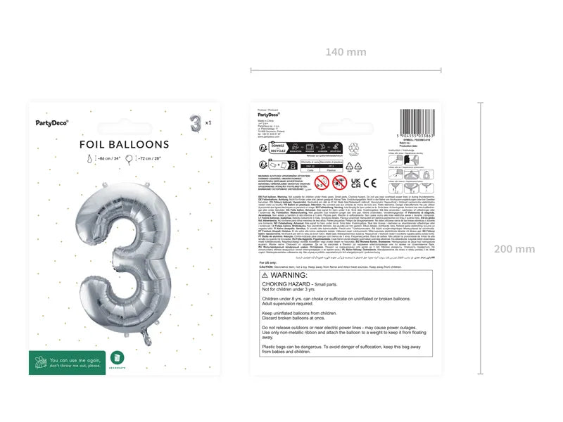 Ballone Zahl "3" 72cm, Metallic silber (1 Stk.)