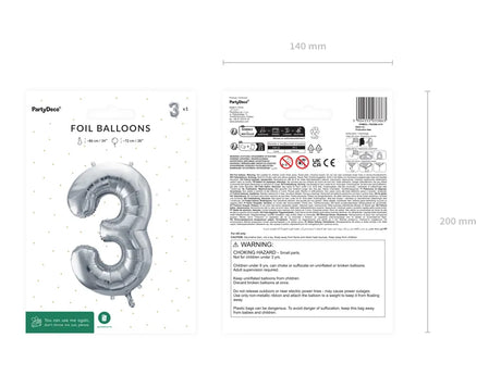 Ballone Zahl "3" 72cm, Metallic silber (1 Stk.)