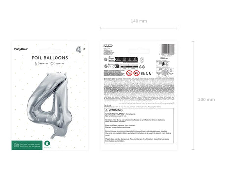 Ballone Zahl "4" 72cm, Metallic silber (1 Stk.)