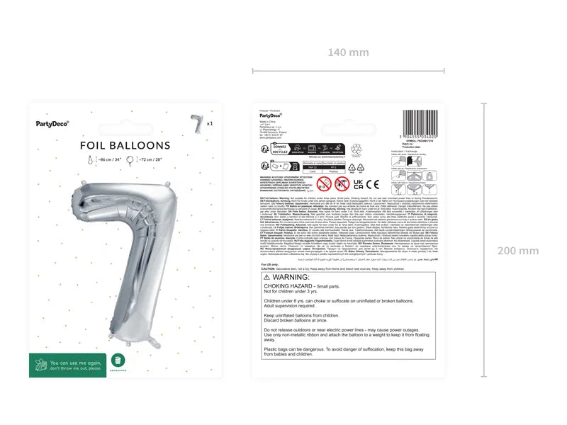 Ballone Zahl "7" 72cm, Metallic silber (1 Stk.)