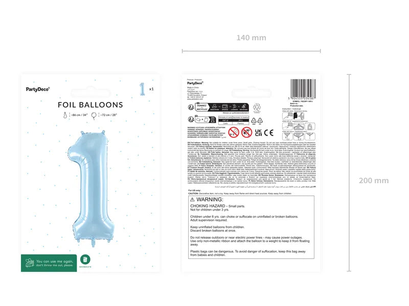 Ballone Zahl "1" 72cm, Hellblau (1 Stk.)